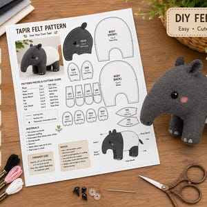 Peut inclure: Un patron de couture pour tapir en feutrine DIY comprenant un guide imprimé, des instructions de découpe et une peluche tapir finie en feutrine gris foncé et blanc. Le document inclut des textes, des schémas de pièces et une liste de matériel.