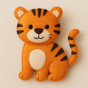 Pode incluir: Um tigre de feltro feito à mão com pelo laranja e listras marrons escuras. O tigre tem uma mancha branca na barriga, olhos pretos pequenos e um sorriso costurado. As orelhas são brancas com borda laranja. Um item de artesanato fofo.