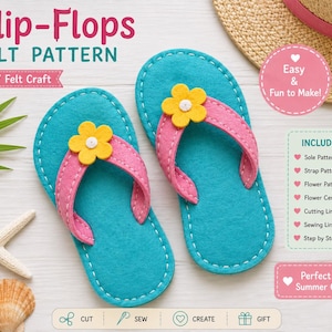 Peut inclure: Un patron de bricolage en feutrine pour tongs avec le texte Flip-Flops FELT PATTERN. L'image montre deux tongs en feutrine turquoise avec des brides roses et des fleurs jaunes, ainsi qu'une liste des composants du patron inclus.