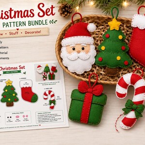 Pode incluir: Um conjunto de moldes de feltro de Natal com um guia PDF imprimível e cinco enfeites de feltro feitos à mão: um Pai Natal, uma árvore de Natal verde, uma meia vermelha, um presente verde com laço vermelho e um bastão de rebuçado.