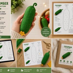 May include: A digital and printable PDF sewing pattern for a felt cucumber, featuring instructions, a list of materials, and a visual guide for creating a green felt cucumber with a yellow flower and a curly stem, presented in various formats.