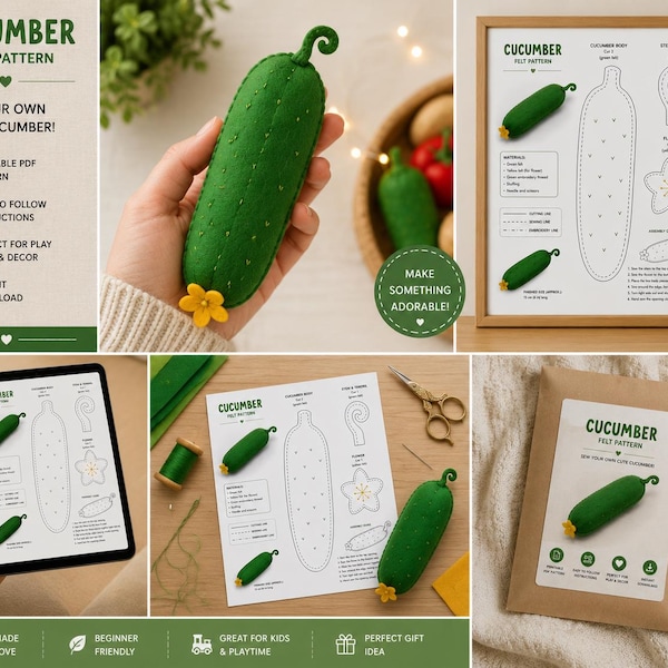 Cucumber Felt Pattern PDF | Cute Vegetable Plush Sewing Template with Step-by-Step Instructions