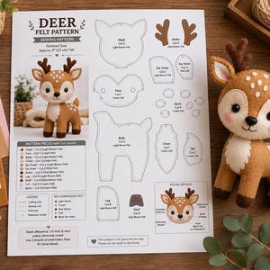 Pode incluir: Uma folha de molde de costura em feltro com um veado de peluche acabado de 23 cm de altura, modelos de corte para a cabeça, corpo e hastes, uma lista de peças de feltro necessárias e instruções de bordado num documento de papel branco.