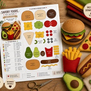 Savory Foods Felt Pattern PDF Bundle | Fast Food Plush Sewing Pattern | Burger Pizza Hot Dog Fries Felt Food Template | Printable DIY Felt