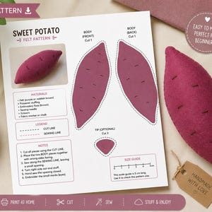 Pode incluir: Um molde de costura em PDF para uma batata-doce de feltro, apresentando um modelo impresso com recortes para o corpo e a ponta, um guia de tamanho de 5 cm, lista de materiais e instruções. Uma batata-doce de feltro roxa acabada está ao lado.