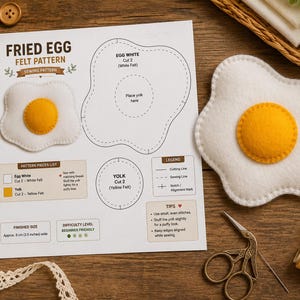 Fried Egg Felt Pattern PDF | Cute Felt Food Sewing Pattern | Printable Plush Egg Template | DIY Play Food | Felt Kitchen Toy