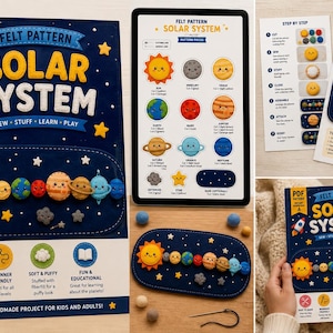 May include: A felt pattern for a Solar System project. The cover features a blue background with a smiling sun, planets, stars, and the text "Solar System". Includes instructions, a tablet with planet patterns, and a finished example.