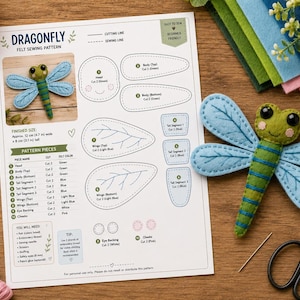 Dragonfly Felt Pattern PDF | Dragonfly Plush Sewing Pattern | Printable Felt Insect Template | DIY Hand Sewing Craft | Instant Download