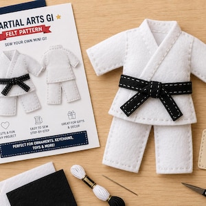 May include: A white felt martial arts gi craft kit featuring a pattern card with the text MARTIAL ARTS GI FELT PATTERN, a finished 12 cm tall white gi with a black belt, black and white embroidery thread, a needle, and black scissors.