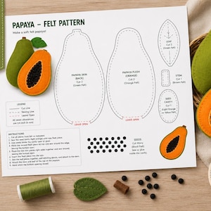 Könnte beinhalten: Ein DIY-Filzmusterbogen für Papayas mit gedruckten Anleitungen, Diagrammen und Beschriftungen. Enthält ausgeschnittene Filzteile, eine grüne Garnrolle, eine goldene Schere und fertige Filzpapayas in einem Korb auf einer Holzoberfläche.
