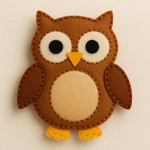 May include: A brown felt owl with large white-rimmed eyes and black pupils. The owl has a tan belly, a yellow beak, and yellow feet. The edges are stitched with brown thread, creating a handcrafted appearance.