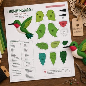 May include: A hummingbird felt pattern sheet with printed instructions, cut-out shapes, and a finished felt hummingbird. The document includes a list of required materials, a stitching guide, and text labels. Includes spools of thread and scissors.