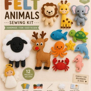 Pode incluir: Um kit de costura de animais de feltro com as palavras "FELT ANIMALS" no topo. O kit inclui peças de feltro pré-cortadas, linha de bordar, agulhas de segurança de plástico, enchimento e um guia fotográfico passo a passo. O kit inclui 12 projetos.