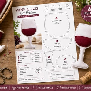 Pode incluir: Um molde de costura digital para uma taça de vinho de feltro, com instruções impressas, linhas de corte para o bojo, haste e base, e uma lista de materiais. O tamanho final é de 14 cm de altura.