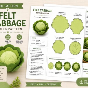 May include: A PDF sewing pattern for a felt cabbage, featuring printed instructions, assembly diagrams, and templates for large, medium, and small leaves, plus a core. The finished cabbage measures approximately 4.7 inches in diameter.