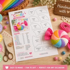 Pode incluir: Um molde de feltro imprimível intitulado Colorful Candy Felt Pattern com instruções, lista de materiais e diagramas para cortar peças. Um doce de feltro multicolorido finalizado com embalagens rosa choque está ao lado do papel.