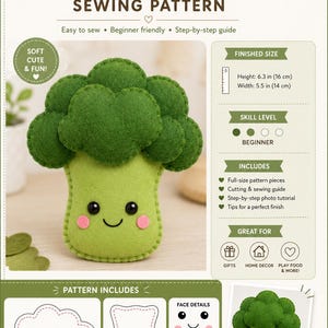 May include: Felt broccoli sewing pattern with a cute, smiling face. The finished felt broccoli measures 6.3 inches (16 cm) high and 5.5 inches (14 cm) wide. Includes full-size pattern pieces, cutting and sewing guide, and photo tutorial.
