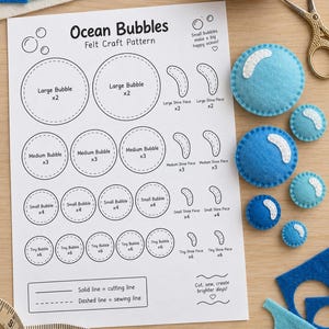 Puede incluir: Una hoja de patrón de fieltro Ocean Bubbles con texto negro y diagramas circulares, acompañada de formas de burbujas de fieltro azul, una cinta métrica de 12 cm, tijeras y restos de fieltro azul.