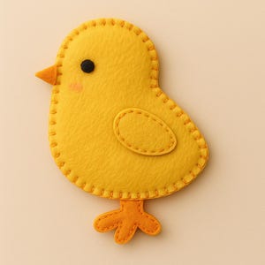 Pode incluir: Um pintinho de feltro amarelo feito à mão com bico e pés laranja. O pintinho tem um olho preto, uma bochecha rosa e um remendo oval no corpo. As bordas são costuradas com linha amarela, criando uma aparência charmosa e artesanal. Uma linda decoração de Páscoa.