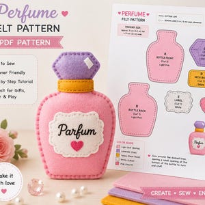 Op de afbeelding: Een vilt knutselproject in de vorm van een parfumflesje met een roze lichaam, een lavendelkleurige dop en een gele halsband. Het witte label toont het woord Parfum en een klein roze hartje. Ernaast ligt een instructieblad met het patroon.