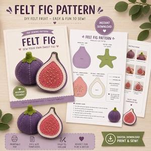Patroon voor een vilten vijg (PDF) | DIY naaipatroon voor vilten fruit | Printbaar pluche vijgsjabloon met stapsgewijze instructies