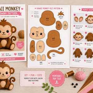 May include: A Kawaii Monkey felt sewing pattern kit including printed instruction sheets with assembly guides, pattern templates for head, body, and limbs, a finished felt monkey plush, sewing thread, a pin cushion, and felt fabric sheets.