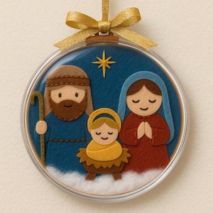 Puede incluir: Un adorno navideño con un belén de fieltro. La escena incluye a José, María y el niño Jesús, con una estrella arriba. El adorno está dentro de una esfera de plástico transparente con una cinta dorada para colgar.
