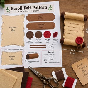 Może przedstawiać: Wydrukowany arkusz z wykrojem Scroll Felt Pattern z instrukcjami, gotowy beżowo-brązowy zwój z filcu o wymiarach 10 cm na 8 cm, kwadraty filcu, nożyczki w stylu vintage oraz dwie szpulki brązowej i czerwonej nici do prac ręcznych.
