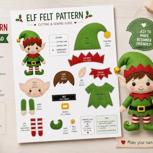 Peut inclure: Un guide de patron en feutrine pour elfe en format PDF incluant des instructions pour imprimer, couper et coudre une poupée elfe. Le document présente une légende visuelle, les formes des pièces et une poupée elfe finie avec un bonnet vert.