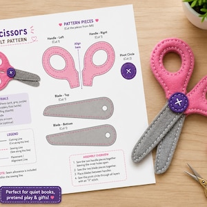 May include: A DIY felt scissors pattern document featuring instructions, material lists, and cut-out templates for pink handles and grey blades. Beside the paper, a finished felt scissors craft with a purple pivot button and embroidery floss.