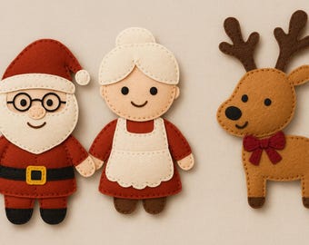May include: Felt Christmas ornaments featuring Santa Claus, Mrs. Claus, and a reindeer. Santa wears a red suit, black belt, and glasses. Mrs. Claus has a white apron and dress. The reindeer has antlers and a red bow.