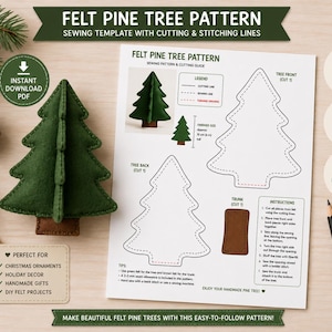 Puede incluir: Un patrón de costura para árbol de pino de fieltro que incluye una plantilla impresa con líneas de corte y costura, instrucciones y leyenda. Un árbol de fieltro verde oscuro terminado con tronco marrón junto a la guía.