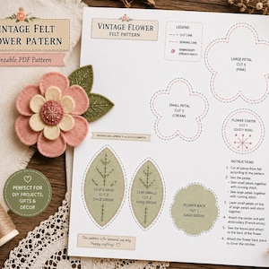 Peut inclure: Un patron PDF imprimable pour une fleur en feutrine vintage, avec un exemple fini aux pétales roses et crème et aux feuilles vert sauge. Le document comprend une légende, des lignes de coupe, de couture, des détails de broderie et des instructions.