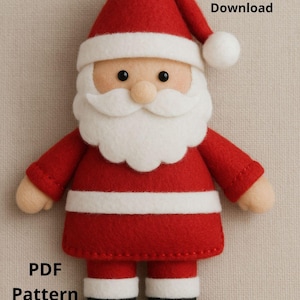 May include: A handmade felt Santa Claus doll in red, white, and black. The doll has a red hat with a white pom-pom, a white beard, and a red suit with white trim. The text "Instant delivery Download" and "PDF Pattern" are visible.