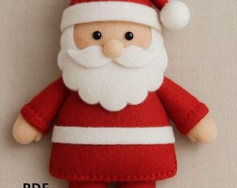 May include: A handmade felt Santa Claus doll in red, white, and black. The doll has a red hat with a white pom-pom, a white beard, and a red suit with white trim. The text "Instant delivery Download" and "PDF Pattern" are visible.