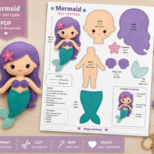 Könnte beinhalten: Ein digitales PDF-Schnittmuster für eine Meerjungfrauen-Puppe aus Filz, mit einer Meerjungfrau mit violettem Haar, türkisfarbenem Schwanz und rosa Seestern-Accessoire. Das Dokument enthält beschriftete Schnittteile für Kopf, Körper, Haar, Muschel-Oberteil und Flosse.
