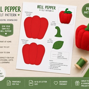 May include: A digital PDF sewing pattern for a felt bell pepper, featuring red pepper body templates, a green stem, and a leaf. The document includes instructions, a legend, and text labels. A finished red felt bell pepper and green thread are shown.