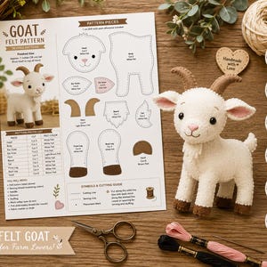 May include: A DIY felt goat sewing pattern document featuring a printed diagram of pattern pieces, a list of required materials, and a finished white felt goat toy with brown horns and hooves, accompanied by metal scissors and embroidery thread.