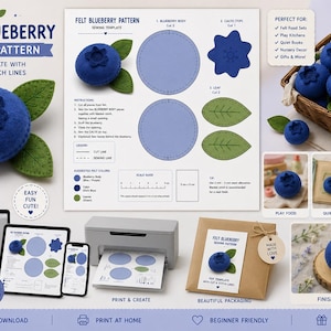 May include: A digital sewing pattern for a felt blueberry, featuring a printable PDF template with cut and stitch lines, instructions, a 5 cm scale guide, and images of finished felt blueberries in a basket and on a wooden base.