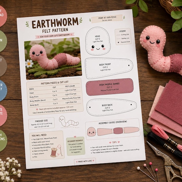 Earthworm Felt Pattern PDF | Cute Worm Sewing Pattern | Printable Felt Plush Template | DIY Nature Toy | Beginner Hand Sewing Project