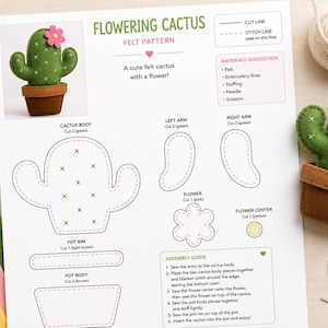 May include: A digital PDF pattern for a felt flowering cactus, featuring printed templates for the cactus body, arms, flower, and pot. The document includes assembly instructions, a materials list, and a photo of the finished green felt cactus.
