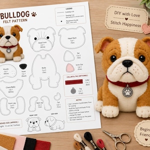 Può includere: Un foglio di istruzioni per un modello in feltro di Bulldog con diagrammi, testo e un peluche finito in feltro beige e bianco che indossa un collare rosso con una targhetta a forma di zampa. Il foglio include linee di taglio e guide di cucitura.