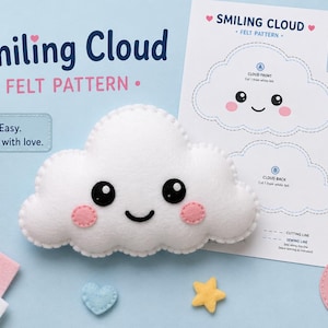 May include: A white felt cloud plush with black eyes and pink cheeks, accompanied by a printed instruction sheet titled Smiling Cloud Felt Pattern. The sheet details materials, cutting lines, and sewing lines for the cloud, including a finished size of 5.5 inches wide by 3.5 inches tall.