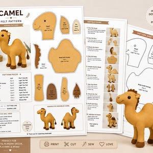 Puede incluir: Un patrón de costura digital para un camello de fieltro, con plantillas impresas para la cabeza, el cuerpo, las orejas, la crin, las patas y la cola. El documento incluye instrucciones fotográficas paso a paso y fotos del camello terminado.