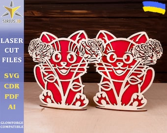 Valentine Cat with Roses Laser Cut File, Multilayer SVG (Digital File)