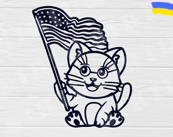 Gato patriótico con bandera estadounidense SVG, AI, Cricut, silueta (archivo vectorial)