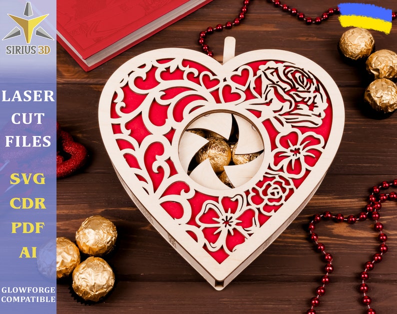 Valentine Heart Gift box Mechanical Iris Laser cut file. Aperture box. No metal parts. SVG file. Digital file, Svg, Ai, Png, Glowforge image 1