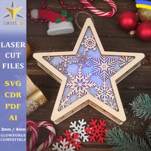 Archivo SVG de copo de nieve con luz LED de estrella navideña. Luz de noche navideña. 3 mm, 4 mm. Archivo digital, Svg, Ai, Png, Glowforge
