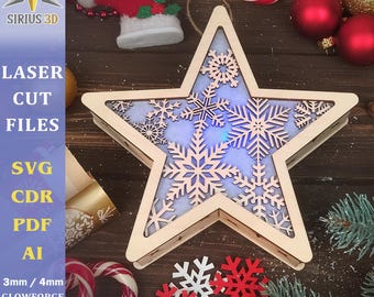 Christmas Star Led Light Snowflake SVG file. Christmas night light. 3mm, 4mm. Digital file, Svg, Ai, Png, Glowforge