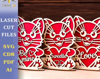 Valentine card. Cat laser cut file. Valentines kitty with heart multilayer SVG file. Digital file, Svg, Ai, Png, Glowforge